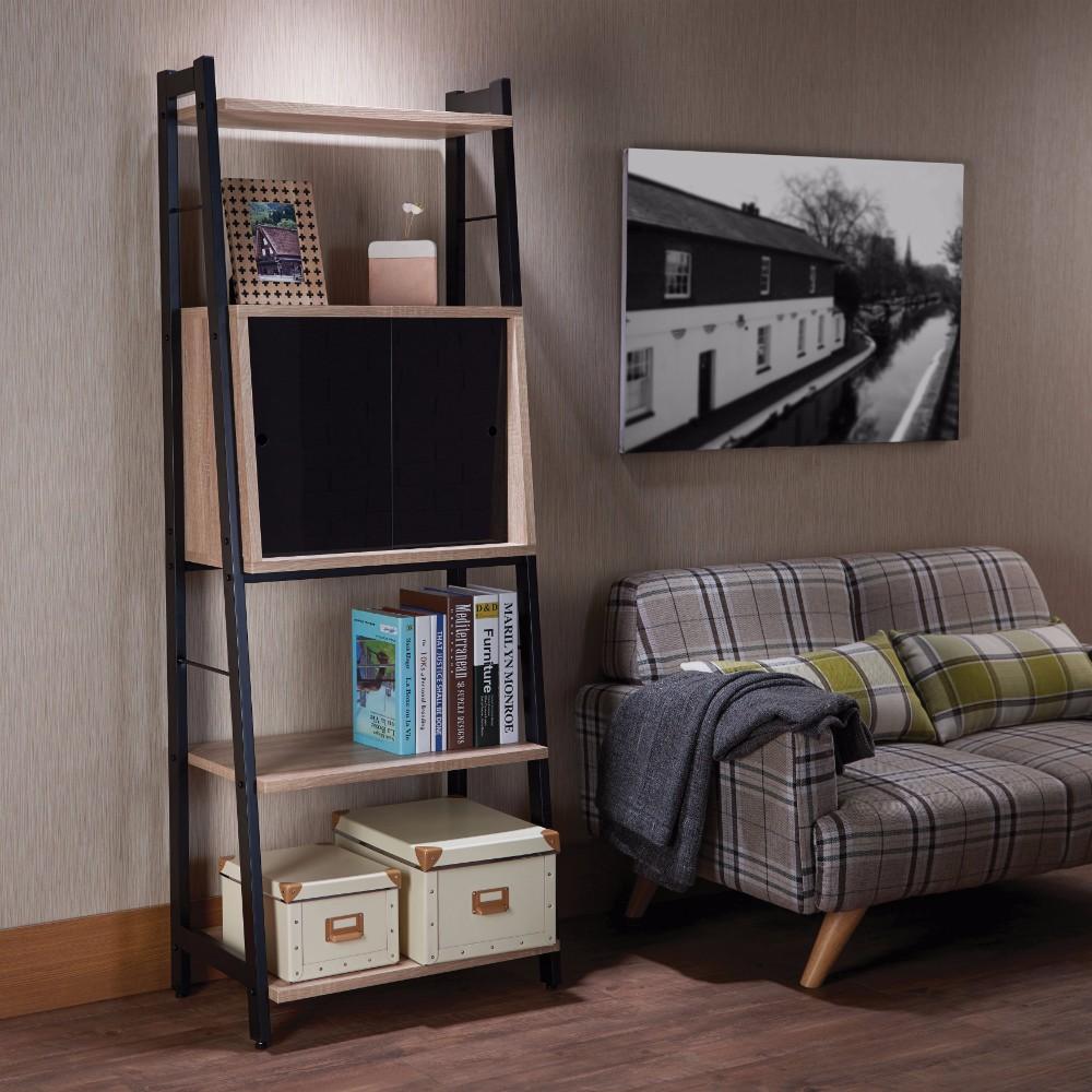 Wooden Leaning Bookshelf, Light Oak & Black