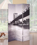 3-Panel Wooden Screen, Bridge Scenery, Black and White