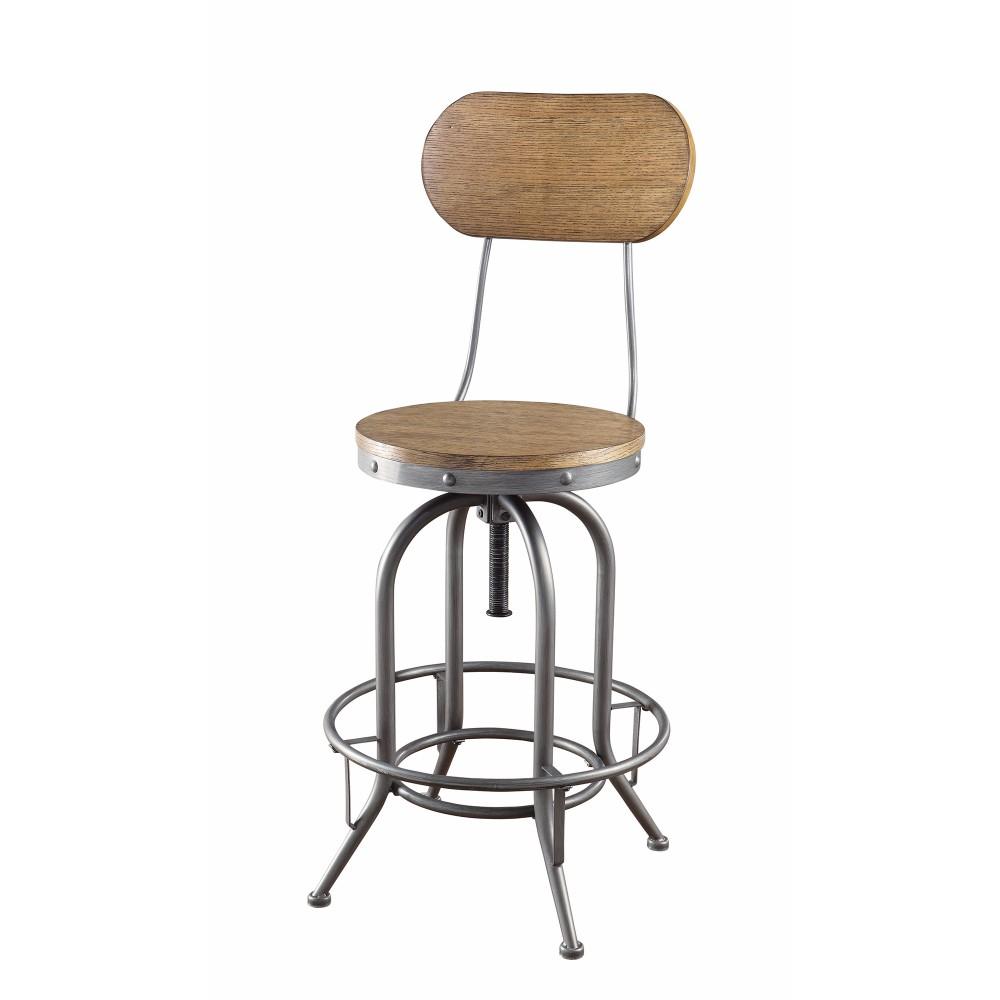 Adjustable Bar Stool with Wood Back and Seat, Brown & Gray ,Set of 2