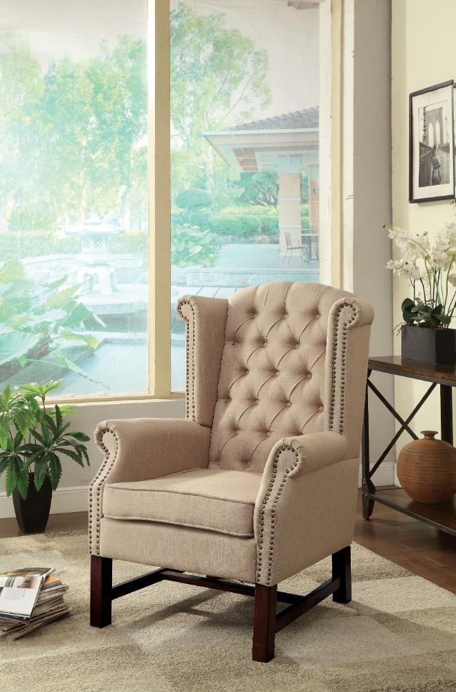 Wooden Accent Chair With Polyester Fabric, Beige