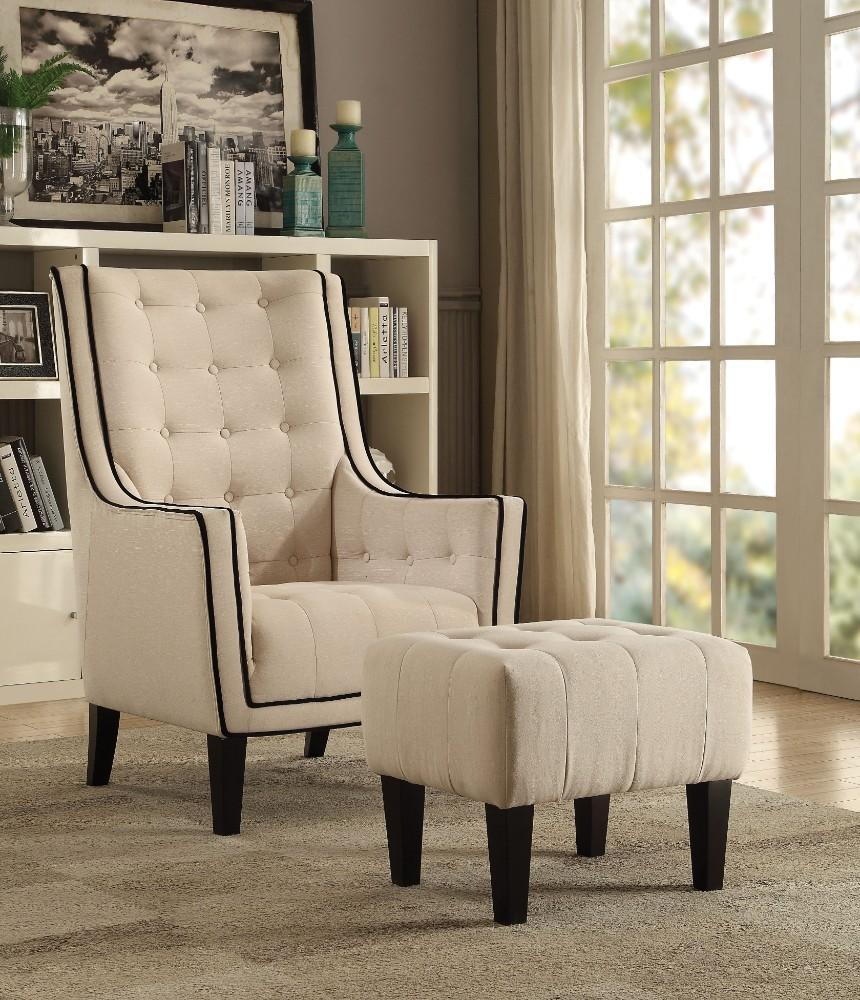 Wooden & Fabric Chair & Ottoman, 2 Piece Pack, Cream