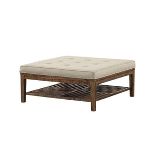 Wooden Rectangular Cocktail Ottoman (Square), Beige Linen &  Oak Brown