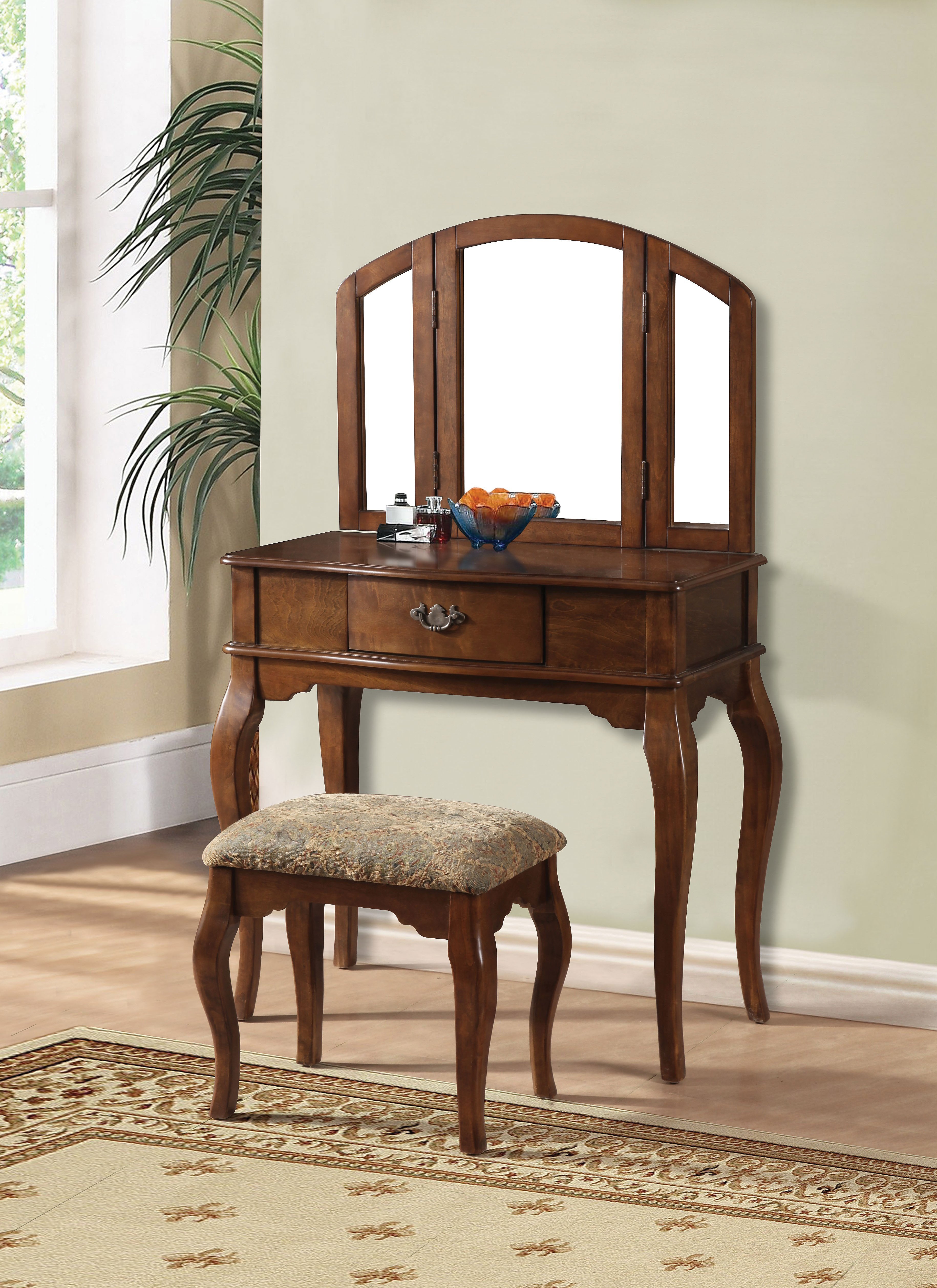 Wooden Vanity Desk with 1 Drawer & Stool, Oak Brown