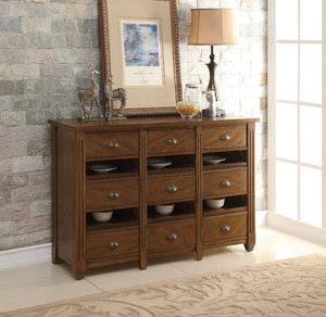 Wooden Server With 9 Drawers and 6 Trays, Light Walnut