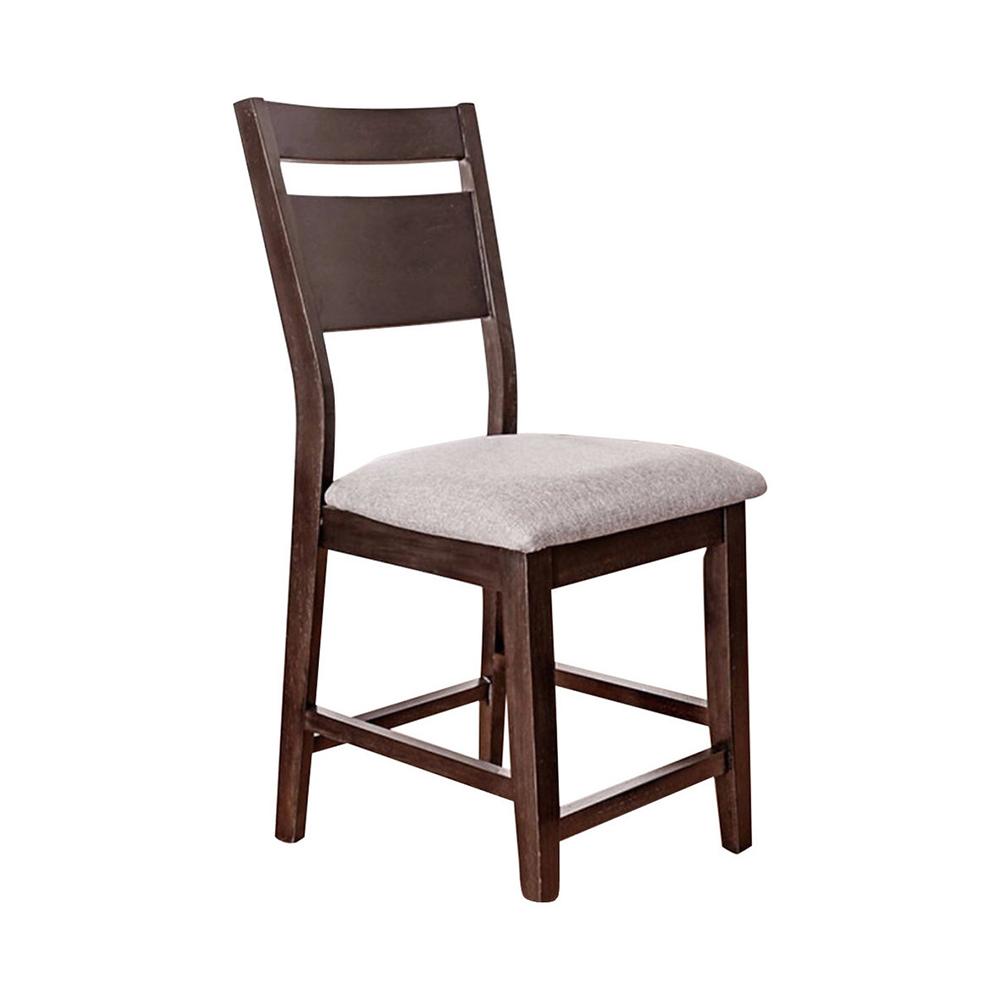 Wooden Counter Height Chair With Gray Seat, Pack of 2, Dark Brown