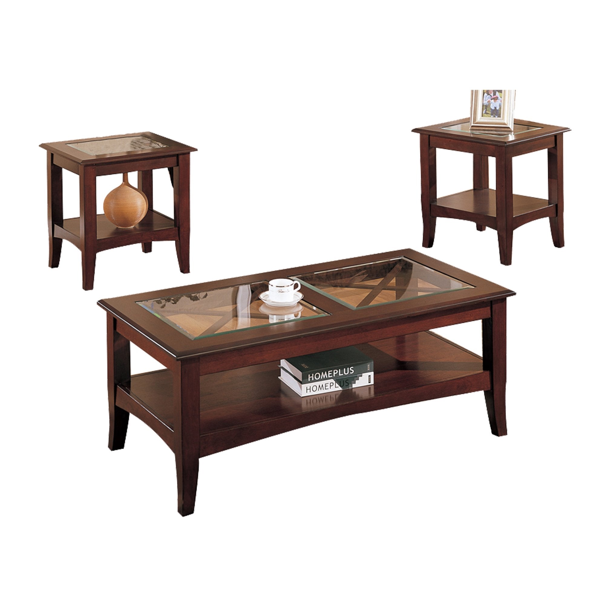 Wooden 3 Piece Table Set With Glass Top In Dark Cherry Brown