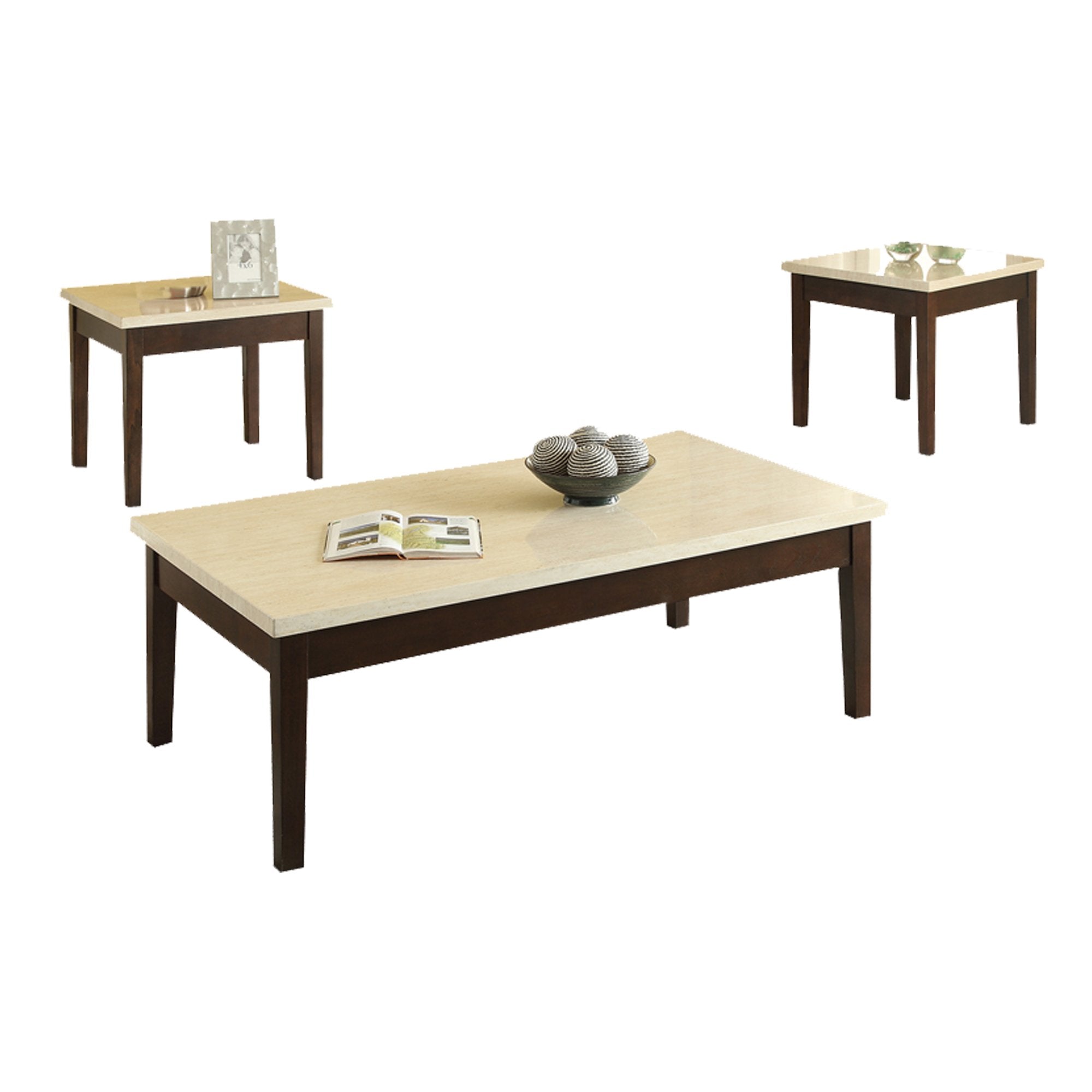 3 Piece Wooden Occasional Table Set With Cream Faux Marble Top