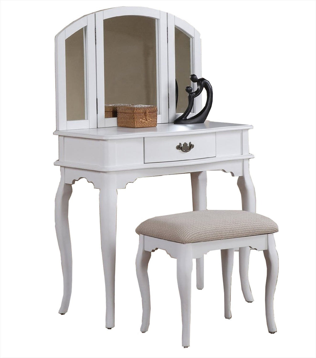 Wooden Vanity Set Featuring Stool And Mirror White