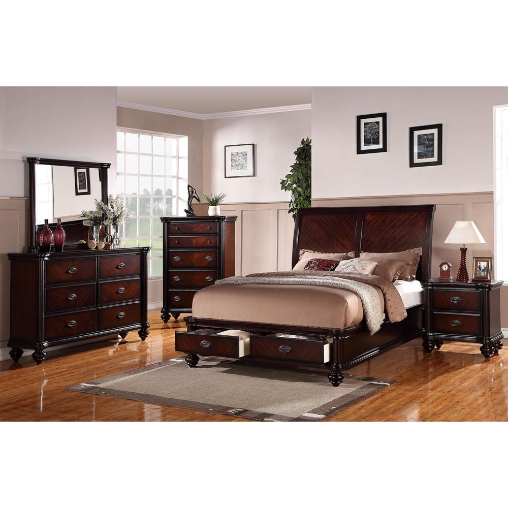 Wooden Cal.King Bed With 2 Under Bed Drawers, Smooth Cherry Finish