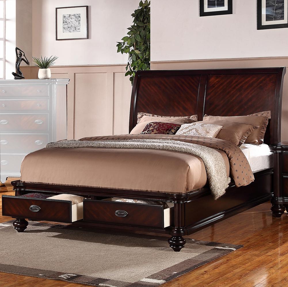 Wooden E.King Bed With 2 Under Bed Drawers, Smooth Cherry Finish