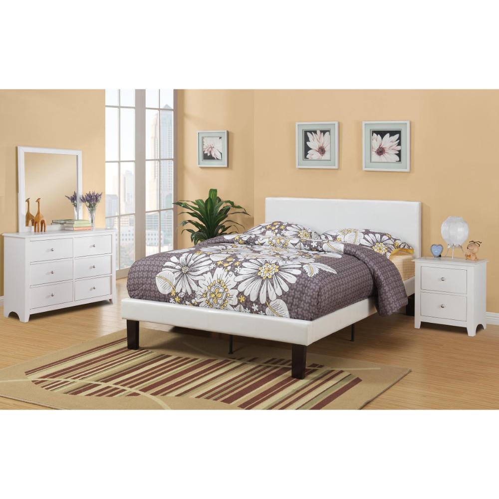 Wooden Full Bed In Faux Leather-12 Slats, White