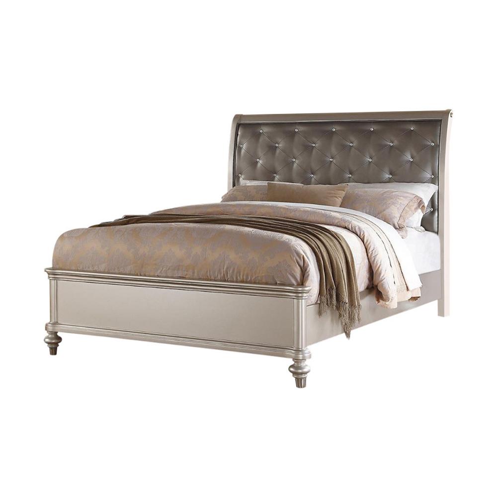 Wooden C.King Bed With Silver PU Tufted HB, Shinny Silver Finish