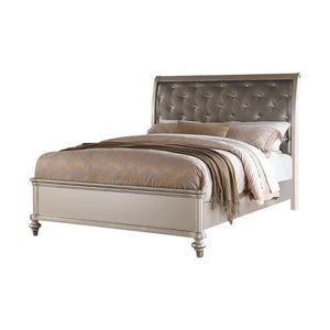 Wooden E.King Bed With Silver PU Tufted HB, Shinny Silver Finish