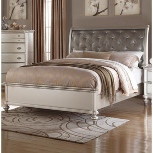 Wooden Queen Bed With Silver PU Tufted HB, Shinny Silver Finish