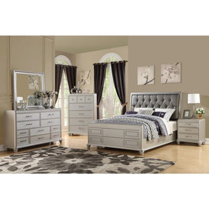 Wooden Cal.King Bed With Shinny Gray PU-HB, Silver Finish