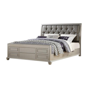 Wooden Cal.King Bed With Shinny Gray PU-HB, Silver Finish