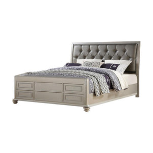 Wooden Queen Bed With Shinny Gray PU-HB, Silver Finish