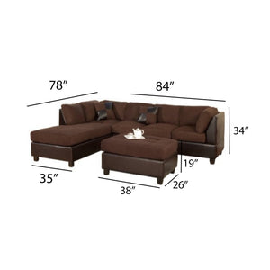 3 Piece Reversible Fabric And Faux Leather Sectional Sofa, Chocolate Finish