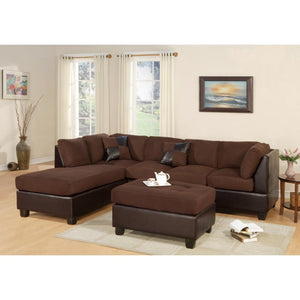 3 Piece Reversible Fabric And Faux Leather Sectional Sofa, Chocolate Finish