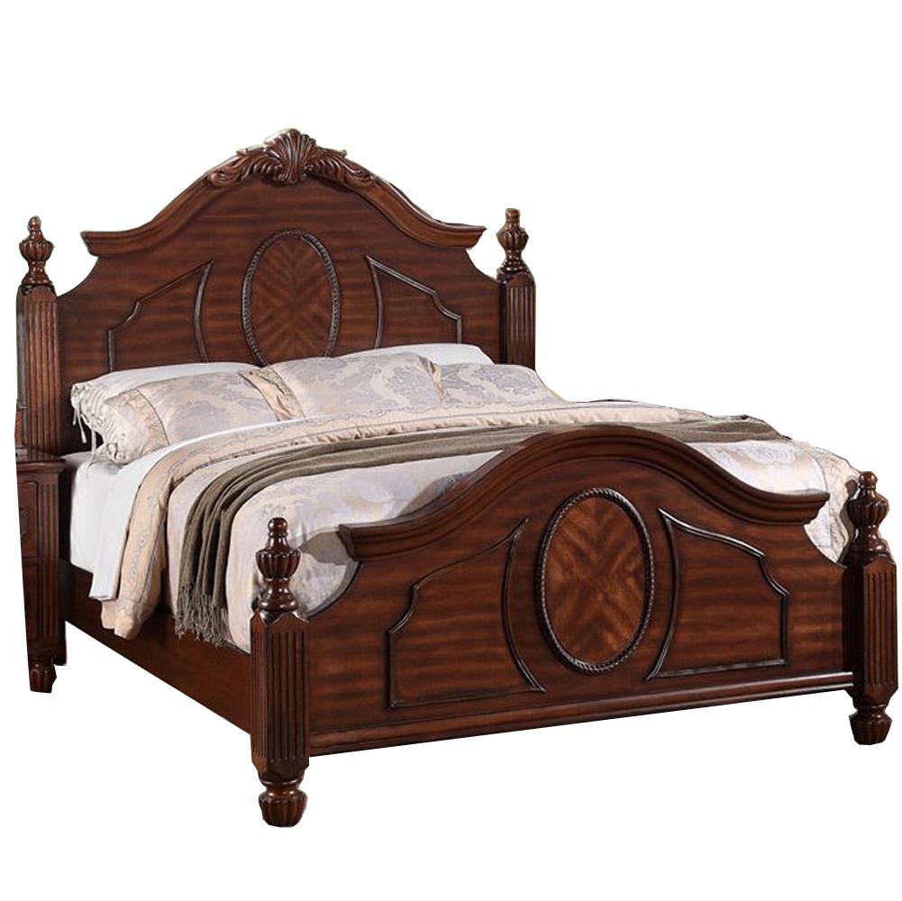 Wooden Cal.King Bed With Circular Floral Design, Cherry Finish