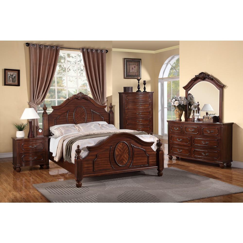 Wooden Cal.King Bed With Circular Floral Design, Cherry Finish