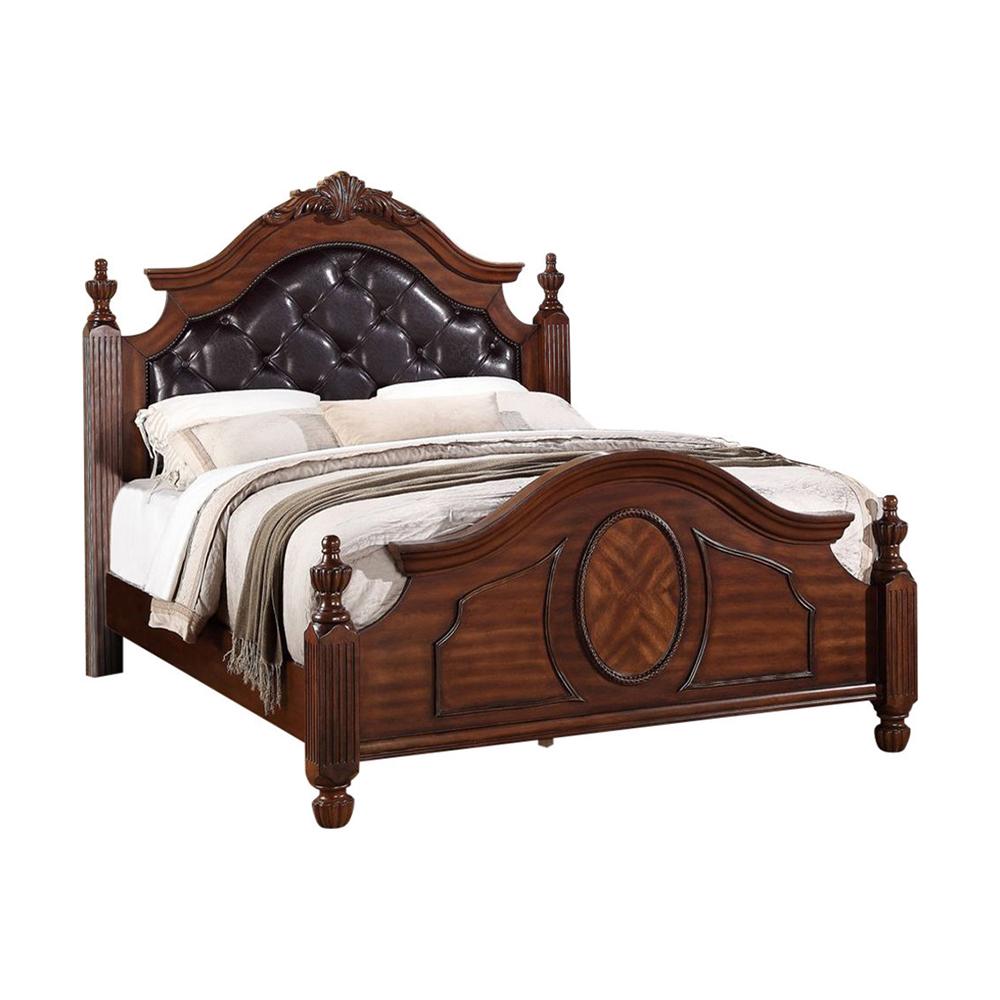 Wooden Cal.King Bed With PU-HB & Circular Floral Design Cherry Finish