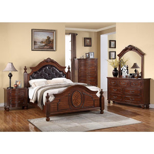 Wooden Cal.King Bed With PU-HB & Circular Floral Design Cherry Finish