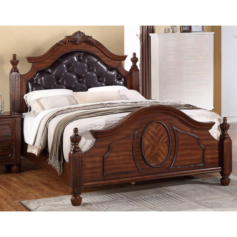 Wooden Queen Bed With PU-HB & Circular Floral Design, Cherry Finish