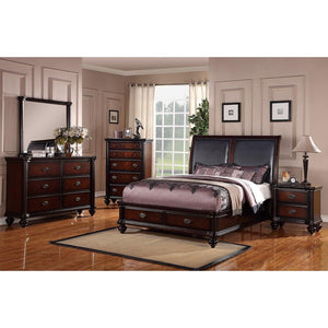 Wooden E.King Bed With Black PU HB & 2 Under Bed Drawers Dark Wood Finish