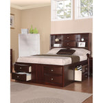 Wooden E.King Bed With Display Shelves & Under Bed Drawers Dark Brown Finish