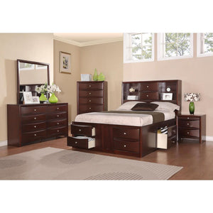 Wooden E.King Bed With Display Shelves & Under Bed Drawers Dark Brown Finish