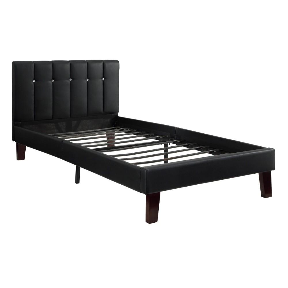 Wooden Full Bed With Black PU Tufted Head Board, Black Finish