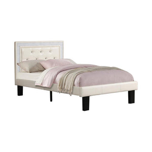 Wooden Full Bed With Light Bone PU Tufted Head Board, White Finish