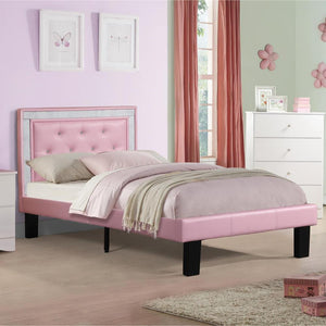 Wooden Full Bed With Pink PU Tufted Head Board, Pink Finish