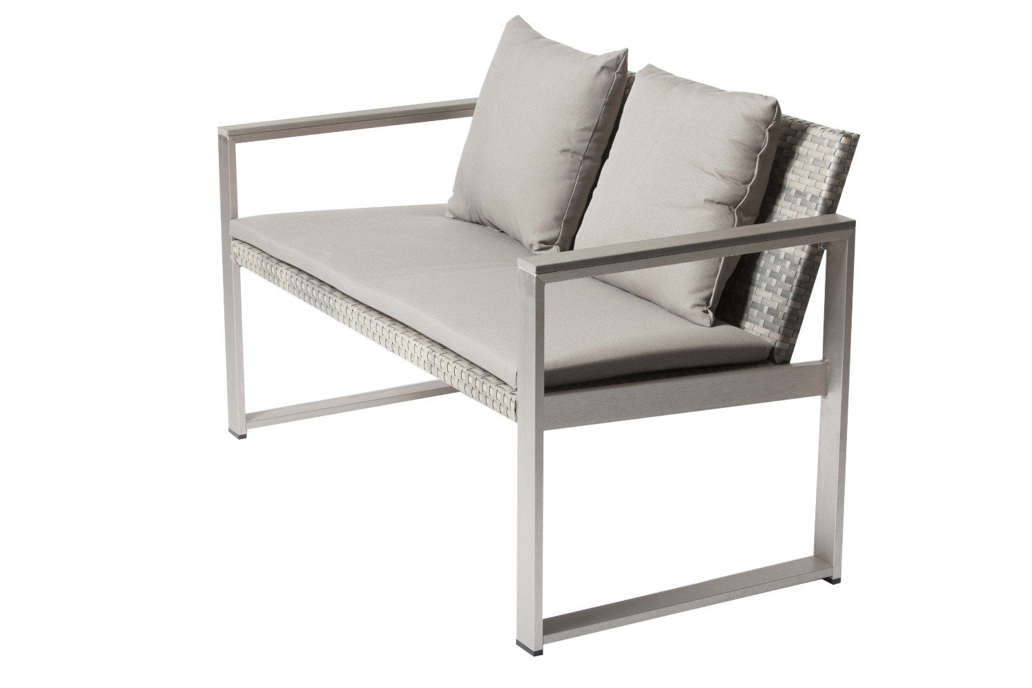 Anodized Aluminum Upholstered Cushioned Sofa with Rattan, Gray/Taupe