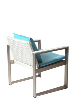 Anodized Aluminum Upholstered Cushioned Chair with Rattan, White/Turquoise