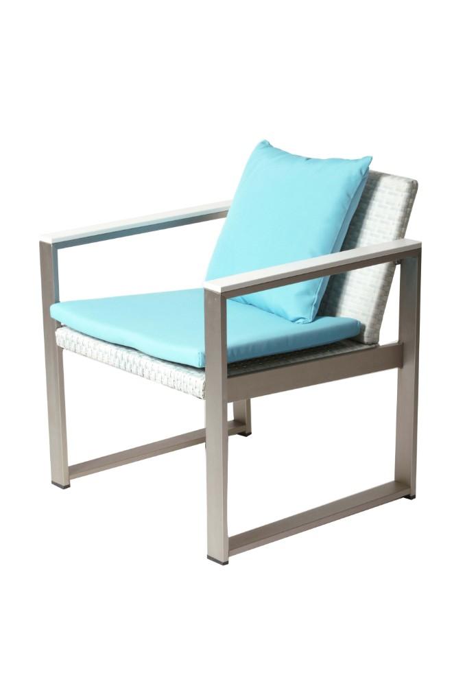 Anodized Aluminum Upholstered Cushioned Chair with Rattan, White/Turquoise