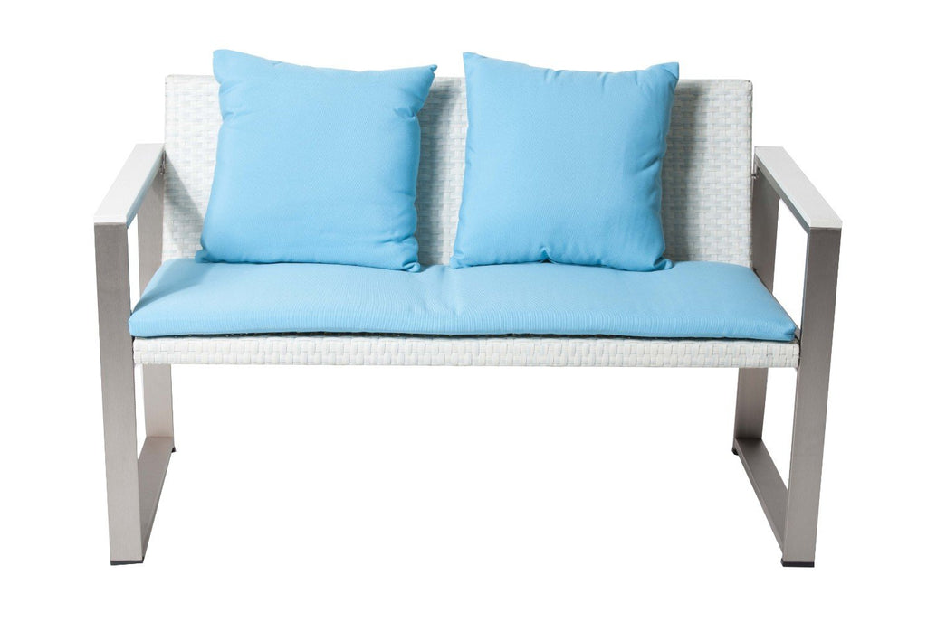 Aluminum Upholstered Cushioned Sofa with Rattan, White/Turquoise