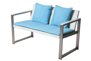 Aluminum Upholstered Cushioned Sofa with Rattan, White/Turquoise