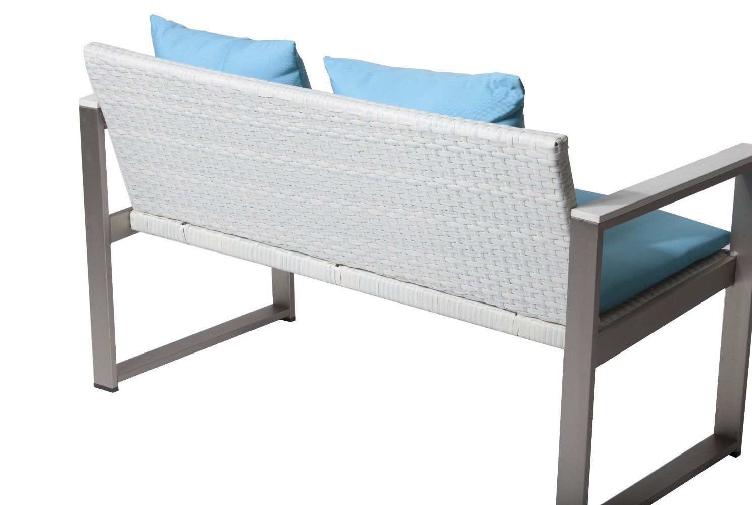 Aluminum Upholstered Cushioned Sofa with Rattan, White/Turquoise