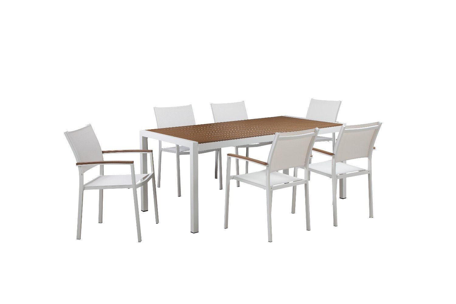 Anodized Aluminum 7 piece  Modern Outdoor Dining Set In White/Teak