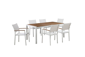 Anodized Aluminum 7 piece  Modern Outdoor Dining Set In White/Teak