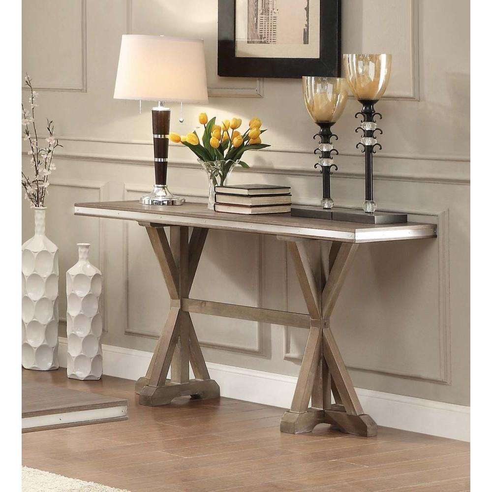 Wooden Rectangular Sofa Table With X-Base Double Pedestal, Brown