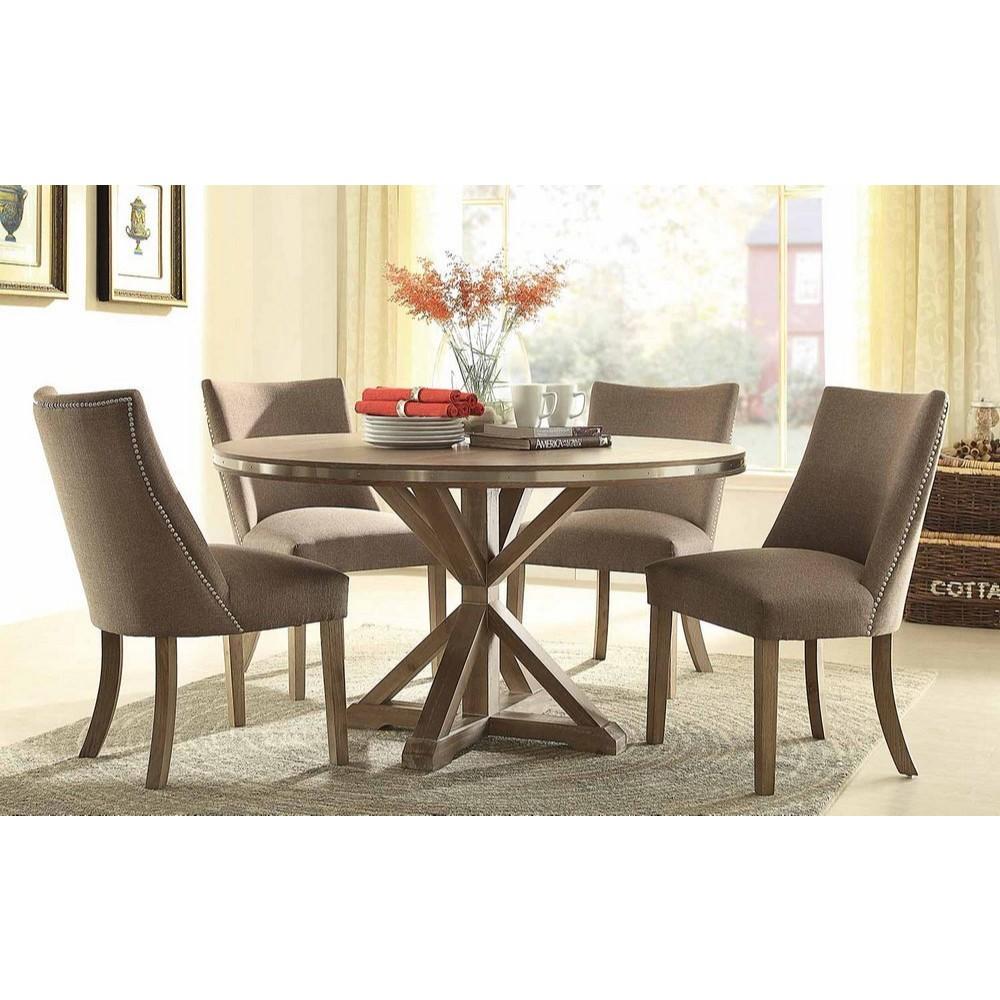 Wooden Round Shaped Dinning Table With X-Base Pedestal, Rustic Brown