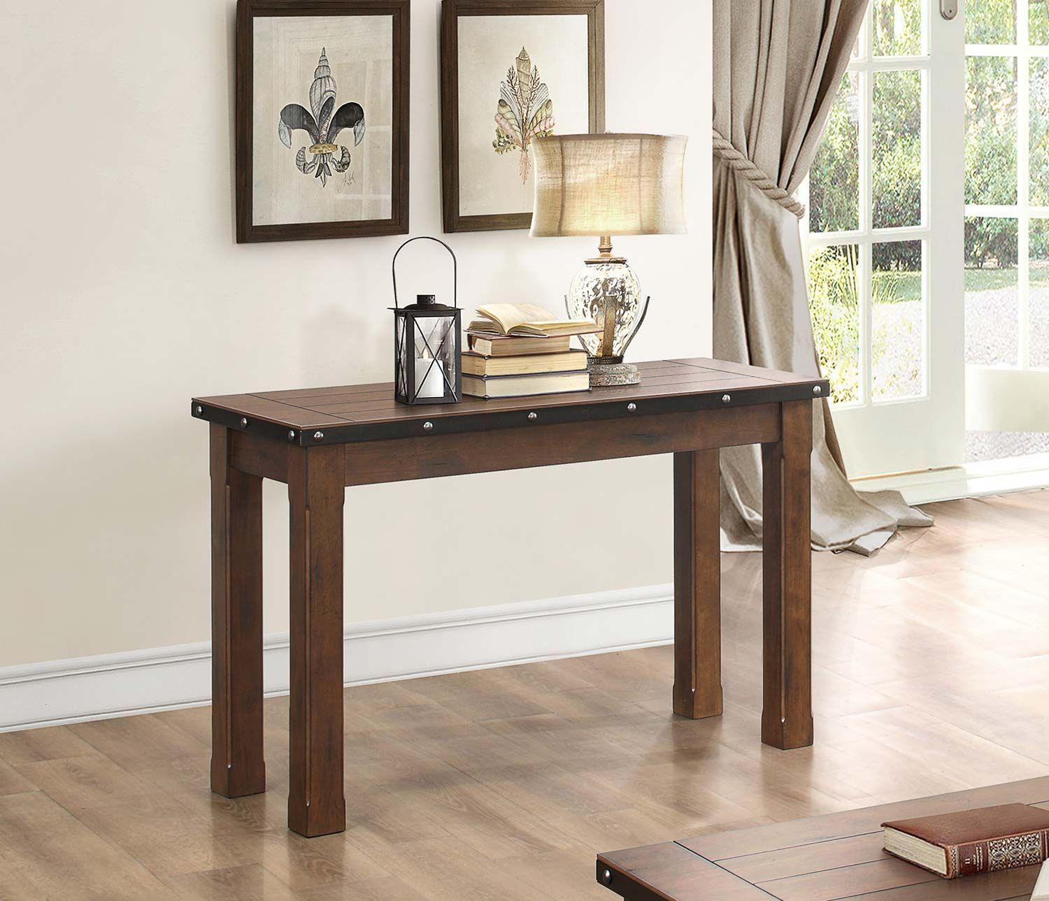 Wooden Sofa Table with Rivet Banding, Burnished Brown