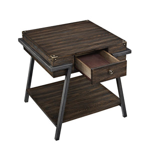 Wooden End Table with One Drawer and One Shelf, Weathered Dark Oak Brown