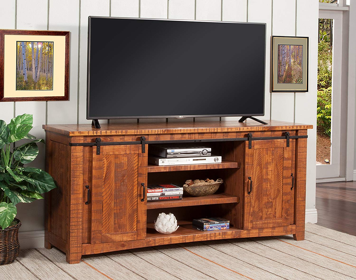 Wood and Metal TV Stand With 2 Mesh Style Doors, Honey Tobacco Brown