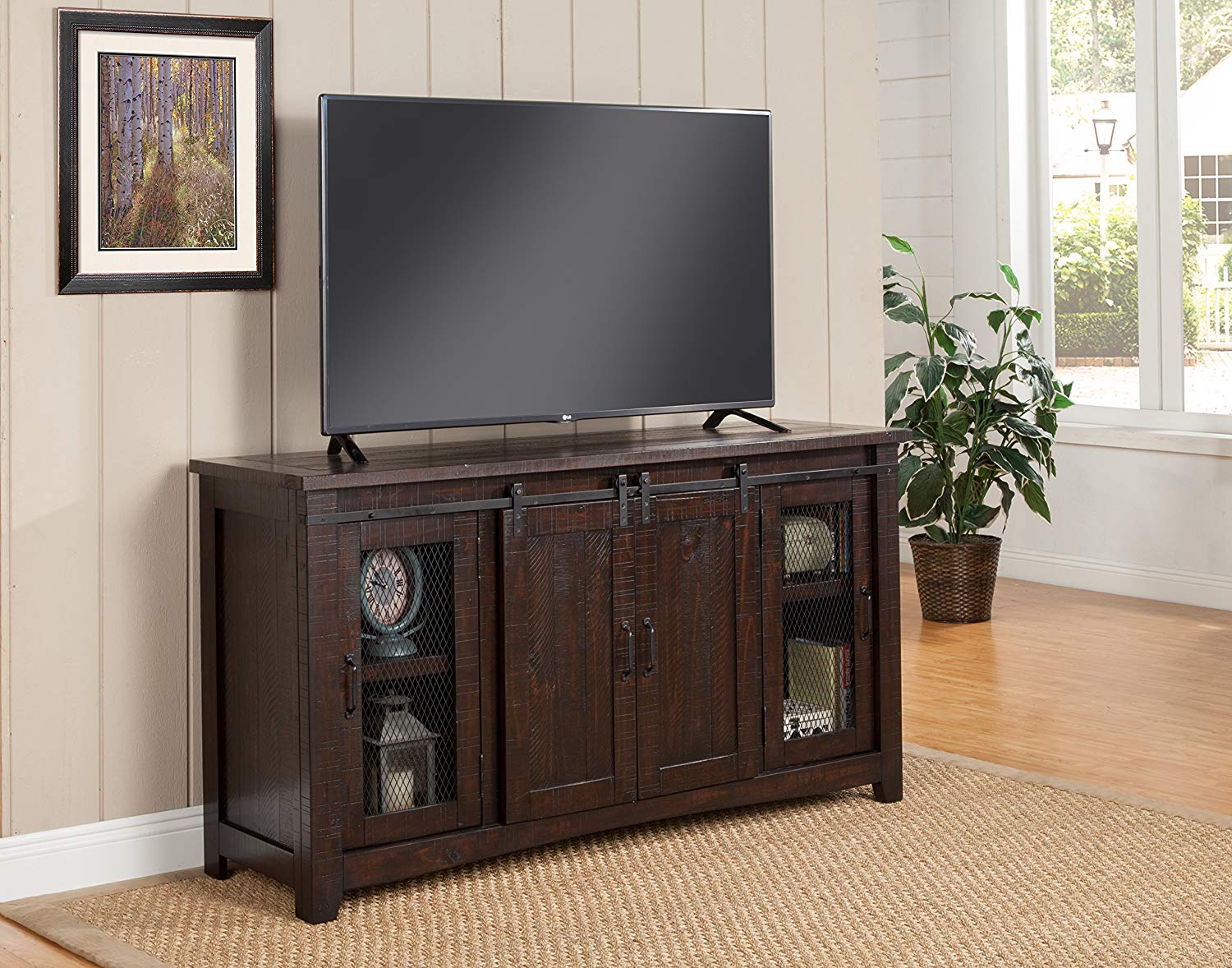 Wood and Metal TV Stand With 2 Mesh Style Doors, Espresso Brown