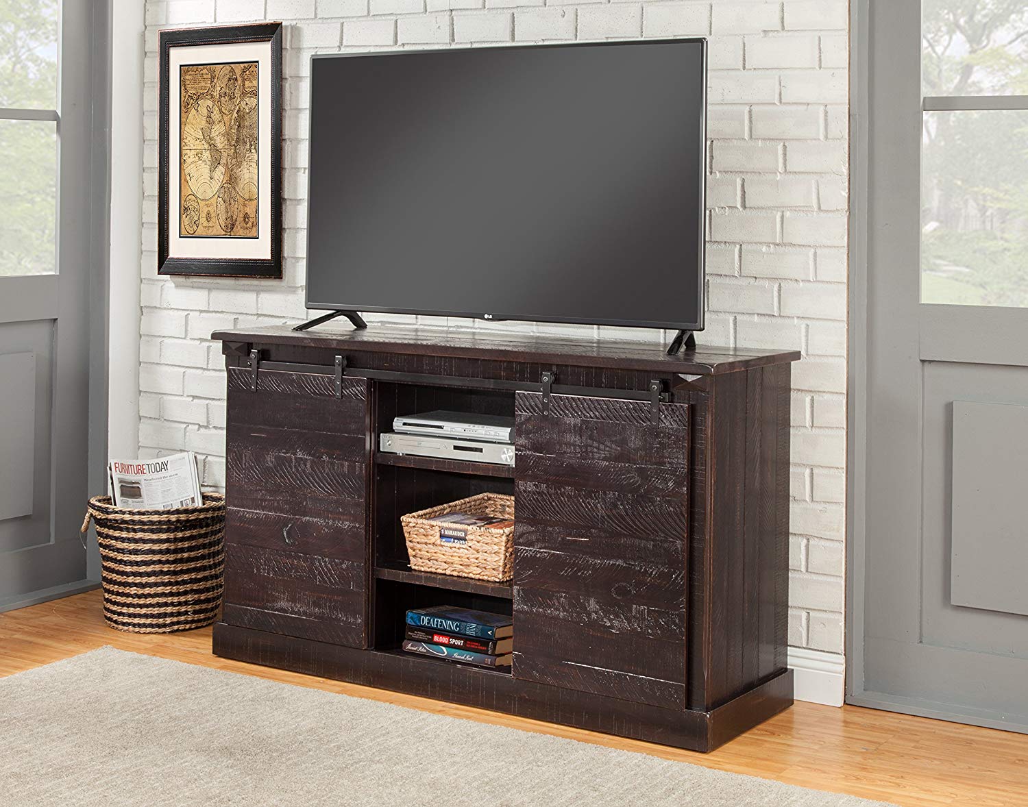 Wooden TV Stand With Sliding Doors and Spacious Shelves, Antique Black