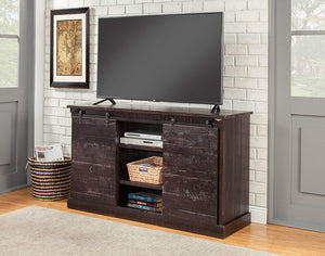 Wooden TV Stand With Sliding Doors and Spacious Shelves, Antique Black